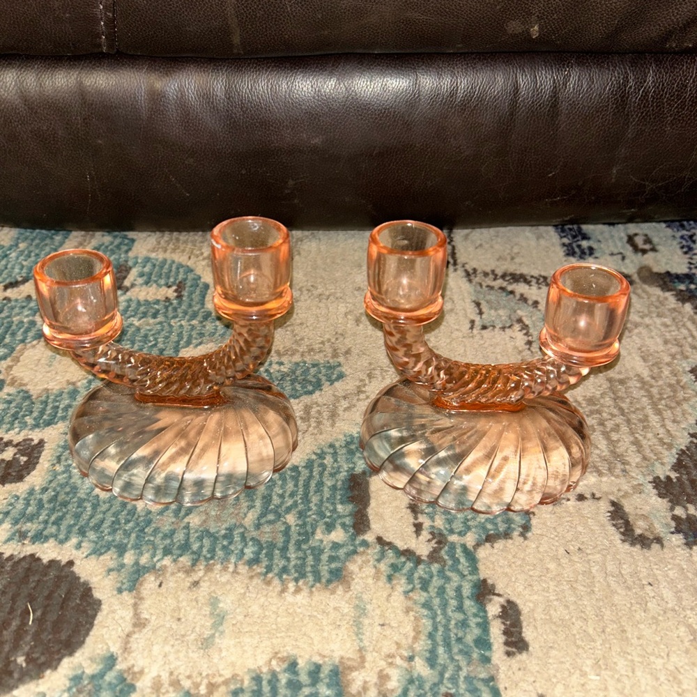 Vintage Imperial Glass Newbound Swirl Pattern Pink Double Candlesticks-Set of 2